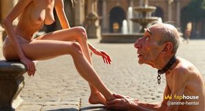 Submissive Man Worshipping Mistress Feet in Plaza