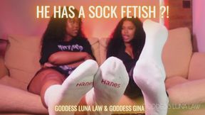 He has a sock fetish? - Bratty girls Goddess Luna Law & Goddess Gina chat about foot fetish with their sweaty socks after a workout on display, Ebony Sock fetish