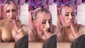 slutty TRANS with perfect TITS and PIGTAILS gives godly head