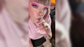 Pink satin gloves-clad chubby cutie smokes cigarette