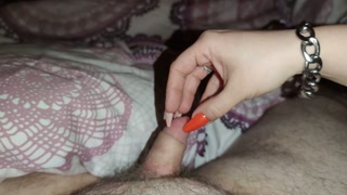He loves it when i make his little dick cum with my orange long nails *cum runs on my long nails*