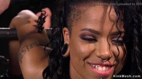 Ebony slave in upside down bondage got pussy whipped