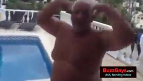 Fat Latin Daddy Strips Outdoors with His Bear