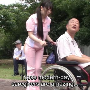 Subtitled bizarre Japanese half naked caregiver outdoors