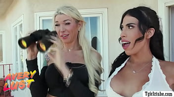 Construction worker drills the ass of two horny TS