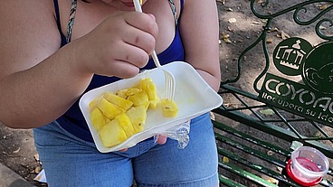 I suck my man's ass, cock and balls, extract a lot of cum and eat it with pineapple in public