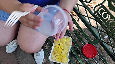I suck my man's ass, cock and balls, extract a lot of cum and eat it with pineapple in public