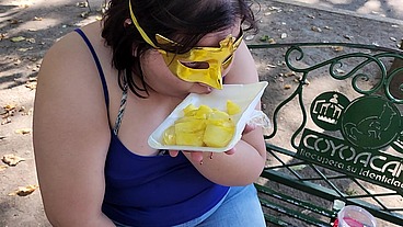 I suck my man's ass, cock and balls, extract a lot of cum and eat it with pineapple in public