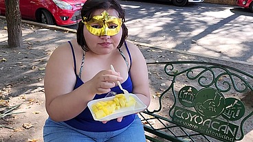I suck my man's ass, cock and balls, extract a lot of cum and eat it with pineapple in public