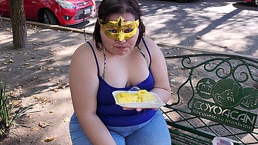 I suck my man's ass, cock and balls, extract a lot of cum and eat it with pineapple in public