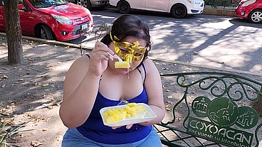 I suck my man's ass, cock and balls, extract a lot of cum and eat it with pineapple in public