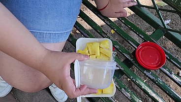 I suck my man's ass, cock and balls, extract a lot of cum and eat it with pineapple in public