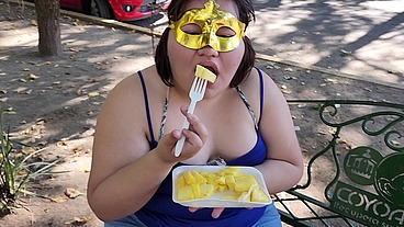 I suck my man's ass, cock and balls, extract a lot of cum and eat it with pineapple in public
