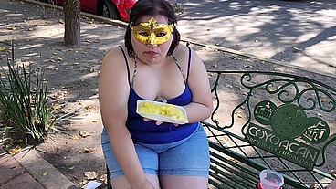 I suck my man's ass, cock and balls, extract a lot of cum and eat it with pineapple in public
