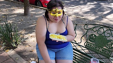 I suck my man's ass, cock and balls, extract a lot of cum and eat it with pineapple in public