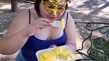 I suck my man's ass, cock and balls, extract a lot of cum and eat it with pineapple in public