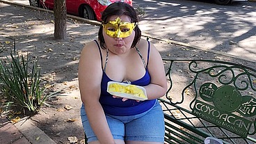 I suck my man's ass, cock and balls, extract a lot of cum and eat it with pineapple in public