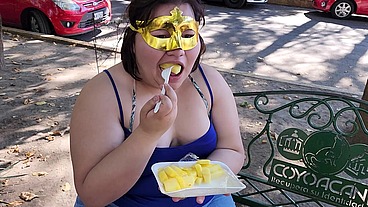 I suck my man's ass, cock and balls, extract a lot of cum and eat it with pineapple in public