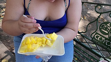 I suck my man's ass, cock and balls, extract a lot of cum and eat it with pineapple in public