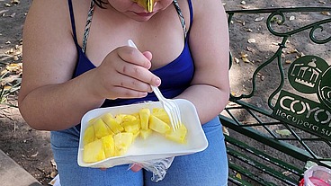 I suck my man's ass, cock and balls, extract a lot of cum and eat it with pineapple in public