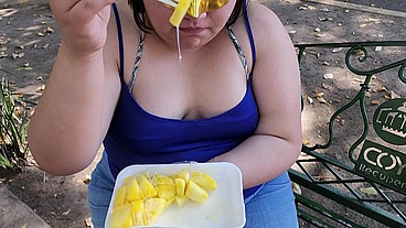 I suck my man's ass, cock and balls, extract a lot of cum and eat it with pineapple in public