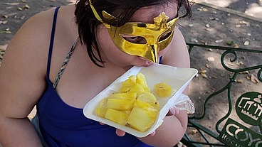 I suck my man's ass, cock and balls, extract a lot of cum and eat it with pineapple in public