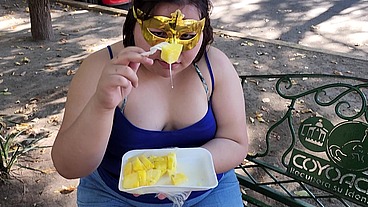 I suck my man's ass, cock and balls, extract a lot of cum and eat it with pineapple in public
