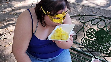 I suck my man's ass, cock and balls, extract a lot of cum and eat it with pineapple in public