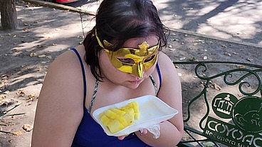 I suck my man's ass, cock and balls, extract a lot of cum and eat it with pineapple in public