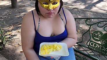 I suck my man's ass, cock and balls, extract a lot of cum and eat it with pineapple in public