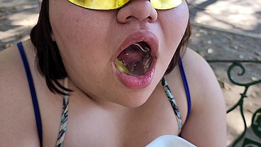 I suck my man's ass, cock and balls, extract a lot of cum and eat it with pineapple in public