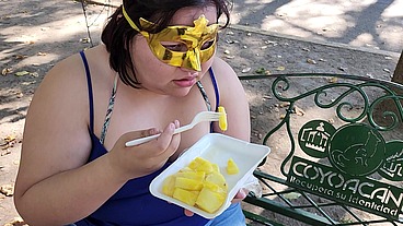 I suck my man's ass, cock and balls, extract a lot of cum and eat it with pineapple in public