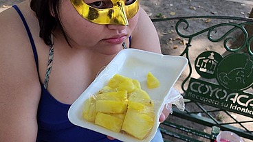 I suck my man's ass, cock and balls, extract a lot of cum and eat it with pineapple in public