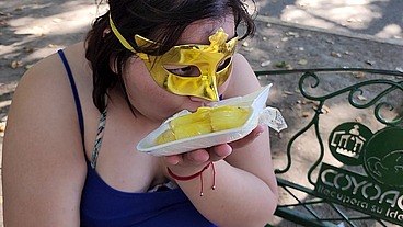 I suck my man's ass, cock and balls, extract a lot of cum and eat it with pineapple in public