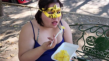I suck my man's ass, cock and balls, extract a lot of cum and eat it with pineapple in public