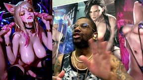 league of legends transgender slut getting her face cum covered while her girl cock cums, ai generated