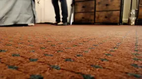Foot slave worships giantess while shrunken and vacuum-mopped