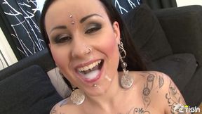 Tattooed girl gets her tight holes destroyed by black and white guys in hot gangbang