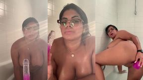 hot masturbation in the bathtub, playing with my big dildo