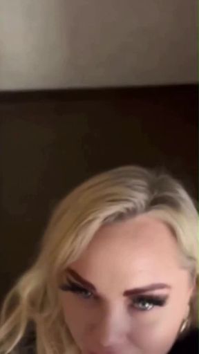 Trans porn star gives a wet dildo blowjob in doggy style position