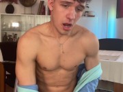 Cute twink jerking off his big cock in onesie