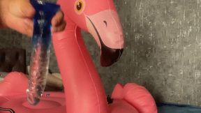 nacked girl in oil ride and pop inflatable flamingo