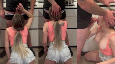 Busty blonde deepthroats my cock and licks my balls in the kitchen