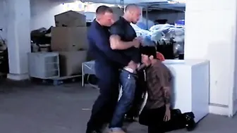 Amateur guy blown by muscular Sears employees in store backroom threesome