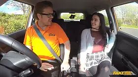 Fake driving school - nineteen year senior dark haired learner entices instructor in car xxx romp
