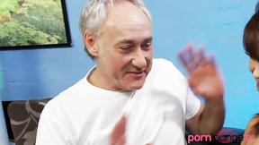 ”Brunette model in lingerie sucks old guys prick”