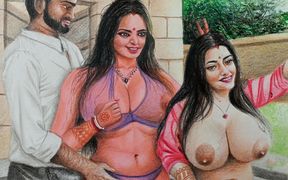 Erotic Art or Drawing of a Sexy Desi Indian Woman on Honeymoon with Husband & Girlfriend