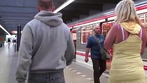 Busty blonde slut railed in wild subway train gangbang and threesome fuckfest