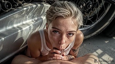 A young female biker gave a stranger a ride, and as a thank-you, he gave her a good fuck in the garage [AI]