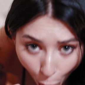 Cute 18 year old brunette gives a sensual blowjob with tongue and swallows all the cum with a dick